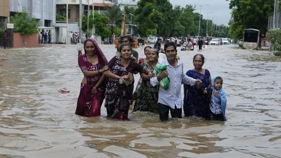 NDRF teams conducting rescue operations in flood-affected areas of Gujarat during the 2025 monsoon season