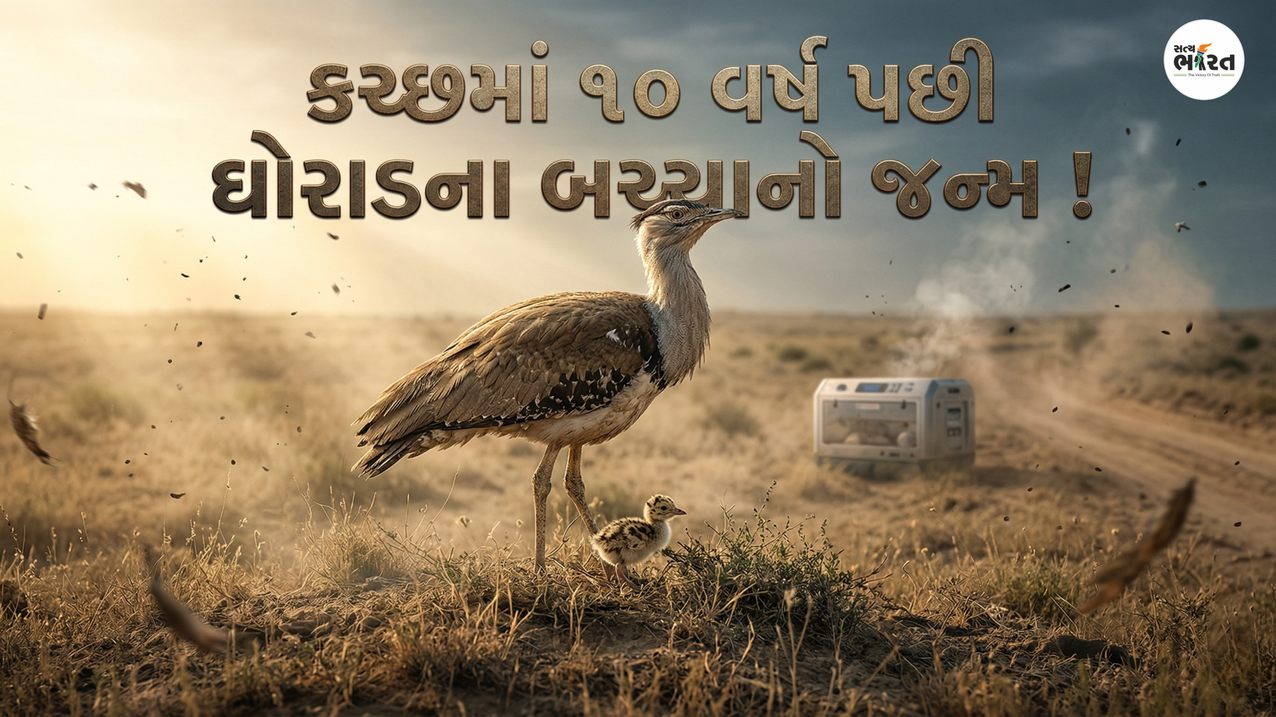A female Great Indian Bustard with her chick in the grasslands of Rajasthan under Project GIB, featuring field monitoring staff and a project information board in the background
